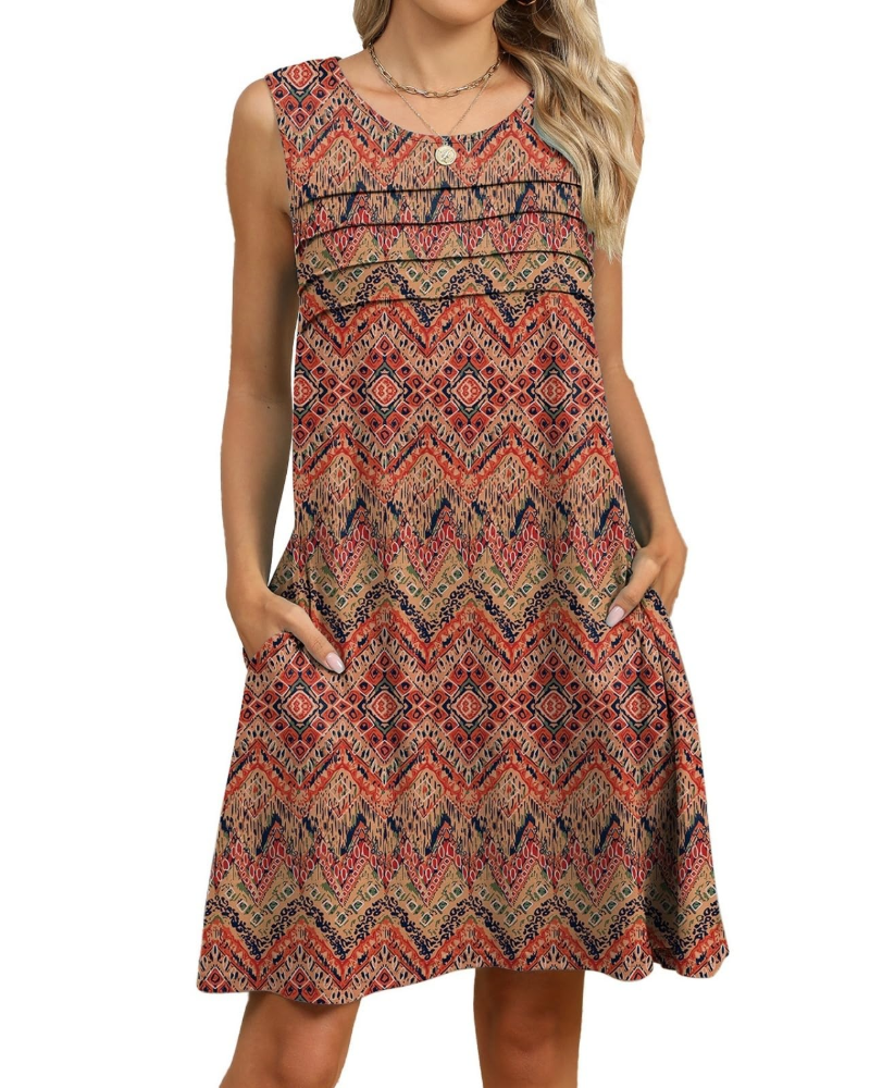 Violet Robe Midi Fleurie Femme – Robe d'Été Sans Manches Plissée avec Poches