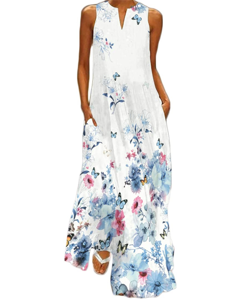 Vestito lungo floreale da donna Genevra – Abito bohemien con scollo a V, stampa farfalle e tasche