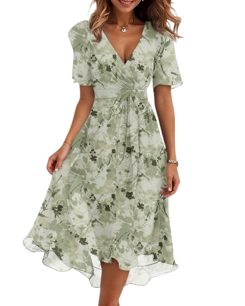 Maëlys Women's Floral Midi Dress – V-Neck Wrap Dress with Adjustable Waist Tie