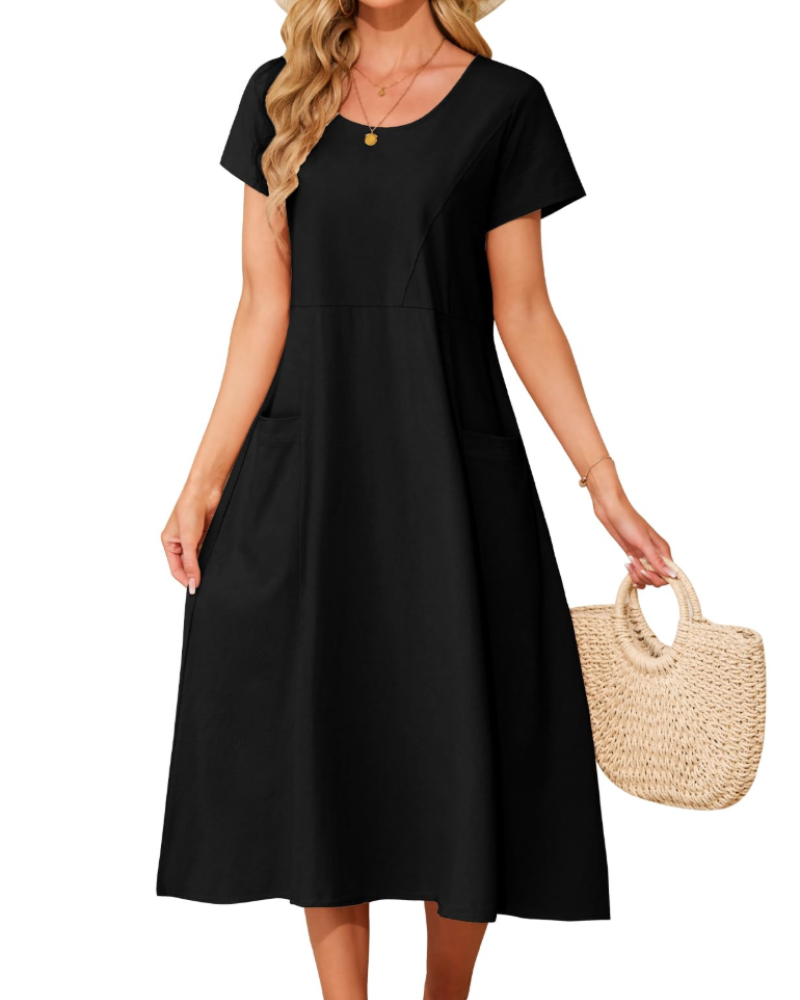 Eliza Midi-Kleid für Damen aus Baumwolle – Boho-Sommerkleid mit Taschen und kurzen Ärmeln