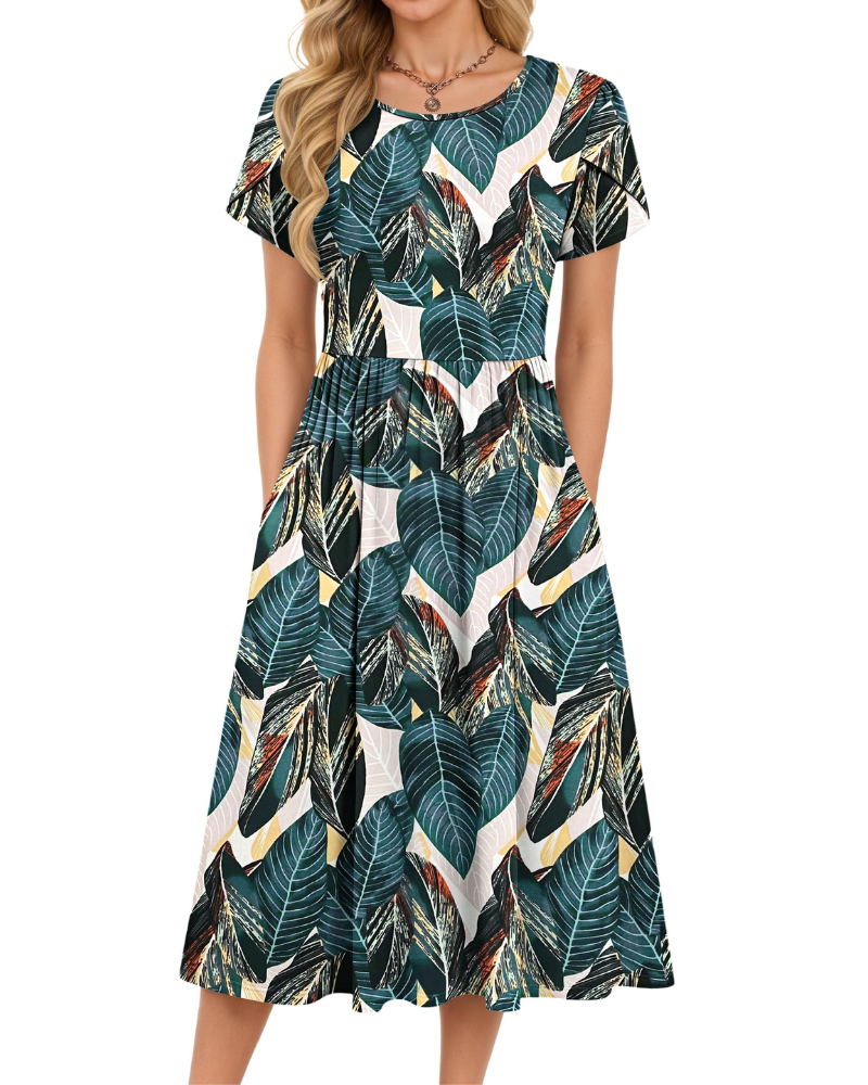 Delilah Robe Midi Femme – Robe d'Été Trapèze à Taille Élastique avec Poches