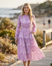 Élise Robe Maxi Fleurie – Robe Chiffon Élégante Manches Longues Femme