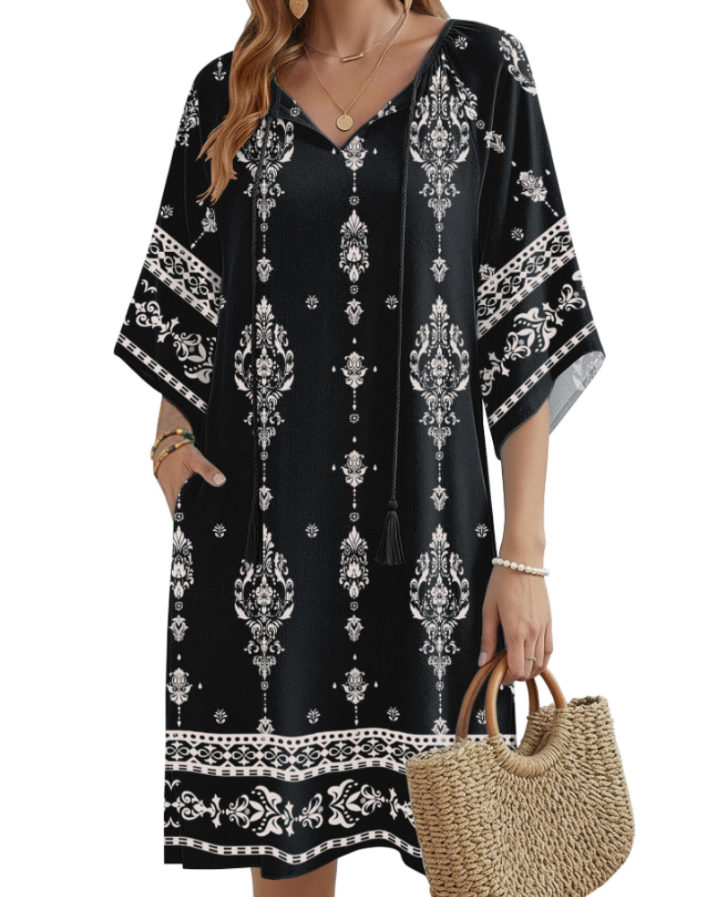 Fiona Robe Tunique Bohème Femme – Robe Fleurie Col V avec Poches Longueur Genou