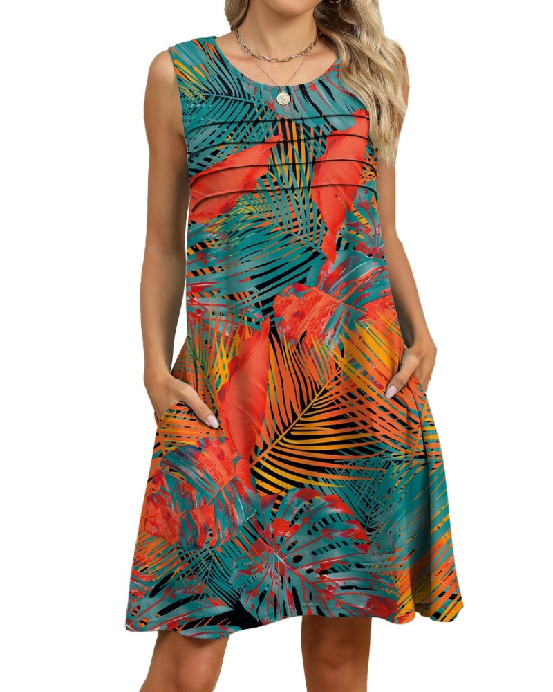 Violet Robe Midi Fleurie Femme – Robe d'Été Sans Manches Plissée avec Poches