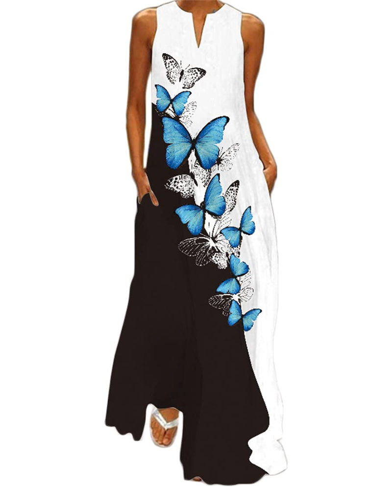 Vestito lungo floreale da donna Genevra – Abito bohemien con scollo a V, stampa farfalle e tasche
