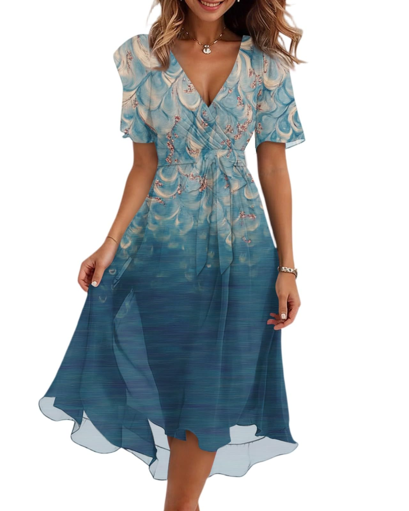 Maëlys Women's Floral Midi Dress – V-Neck Wrap Dress with Adjustable Waist Tie