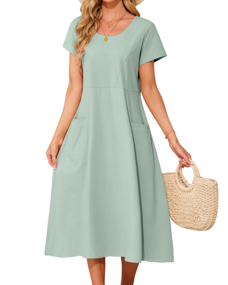 Eliza Midi-Kleid für Damen aus Baumwolle – Boho-Sommerkleid mit Taschen und kurzen Ärmeln