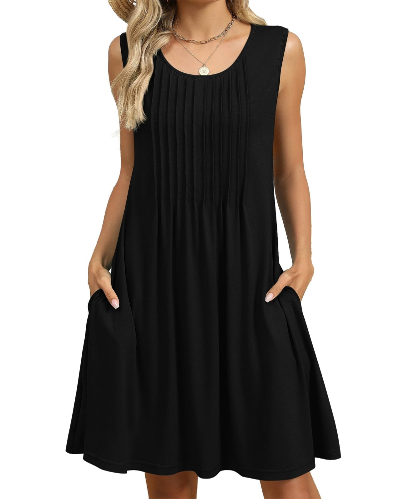 Violet Robe Midi Fleurie Femme – Robe d'Été Sans Manches Plissée avec Poches