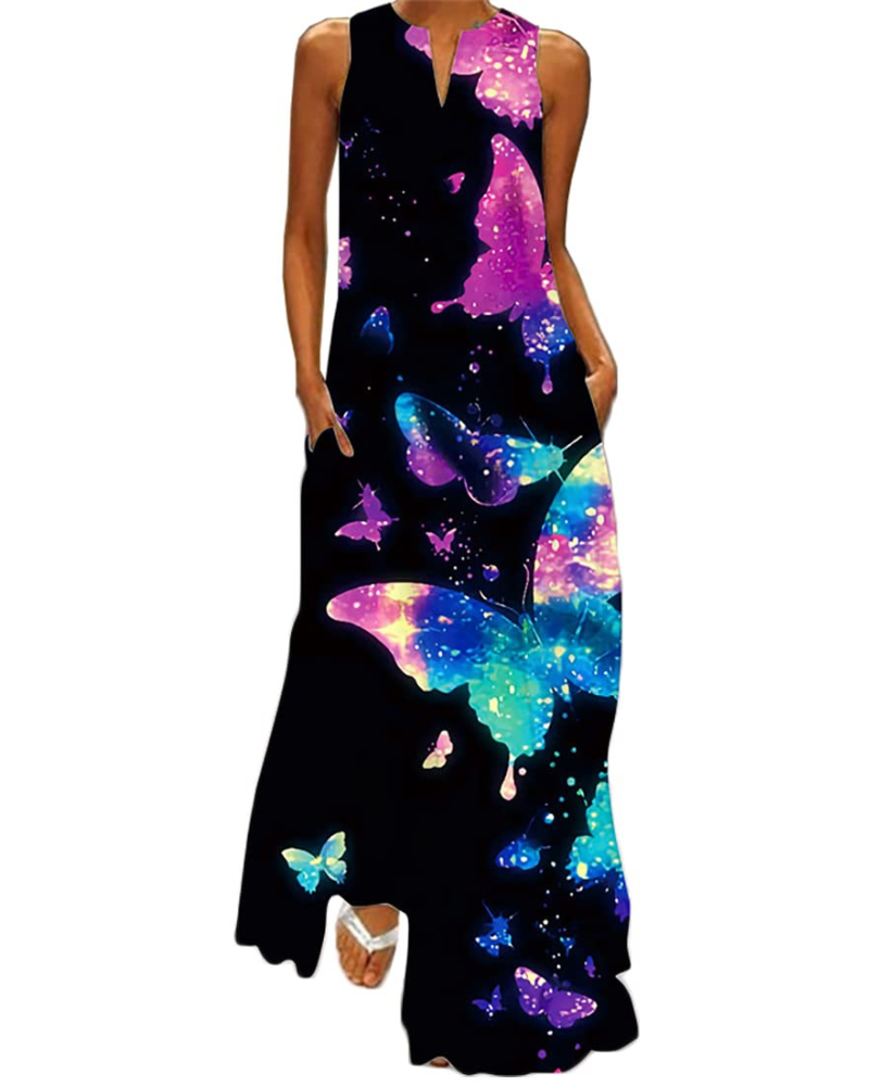Vestito lungo floreale da donna Genevra – Abito bohemien con scollo a V, stampa farfalle e tasche