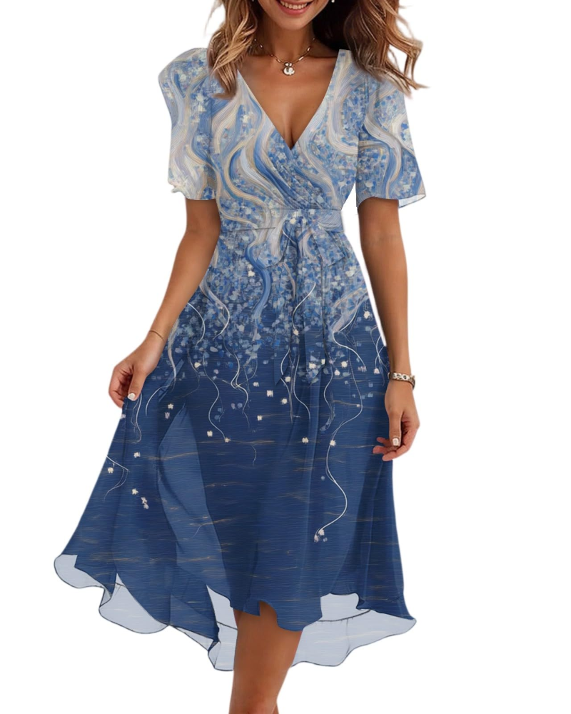 Maëlys Women's Floral Midi Dress – V-Neck Wrap Dress with Adjustable Waist Tie