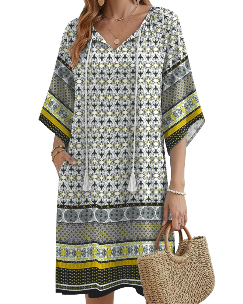 Fiona Robe Tunique Bohème Femme – Robe Fleurie Col V avec Poches Longueur Genou
