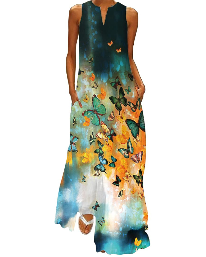 Vestito lungo floreale da donna Genevra – Abito bohemien con scollo a V, stampa farfalle e tasche