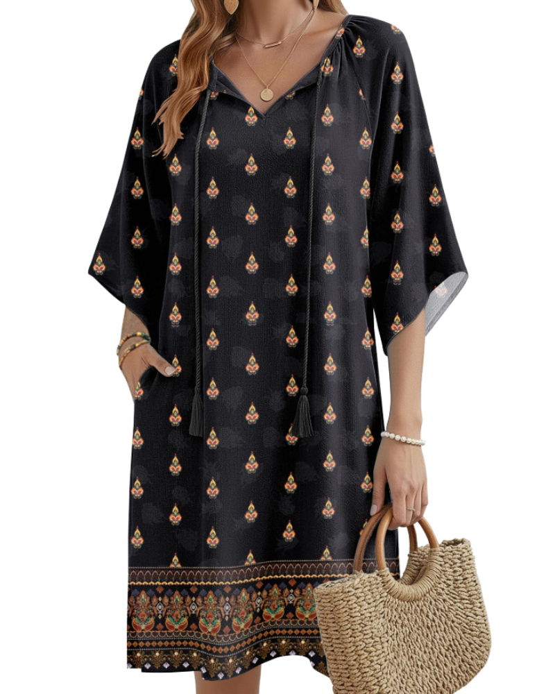 Fiona Robe Tunique Bohème Femme – Robe Fleurie Col V avec Poches Longueur Genou