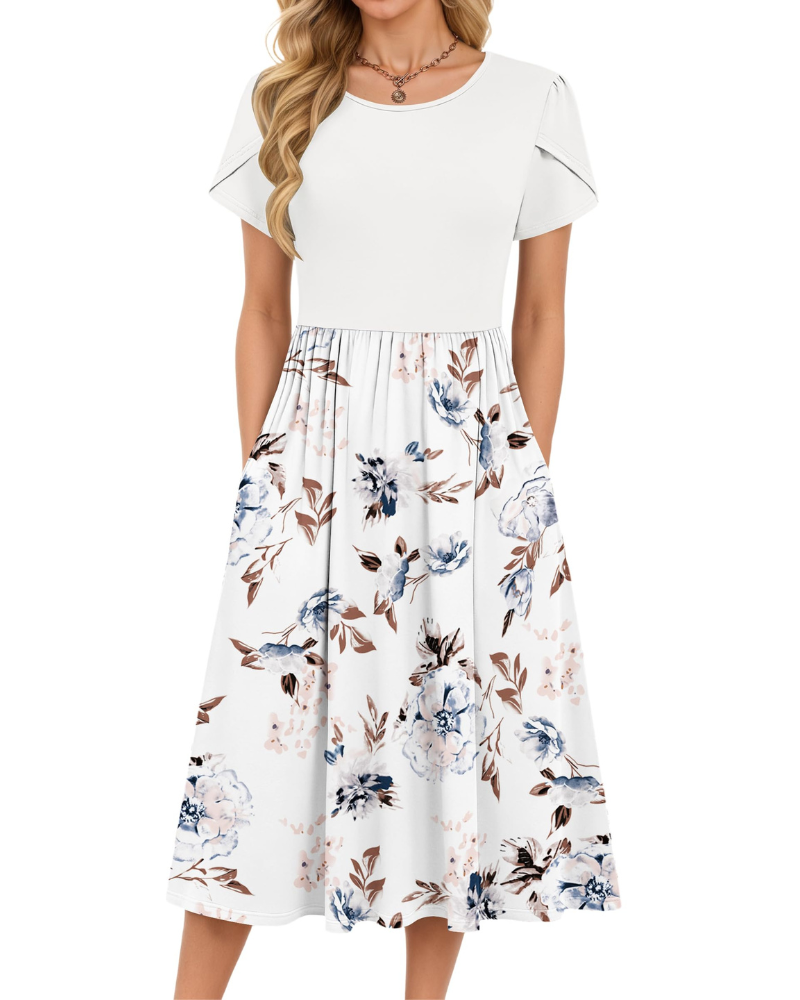 Delilah Robe Midi Femme – Robe d'Été Trapèze à Taille Élastique avec Poches