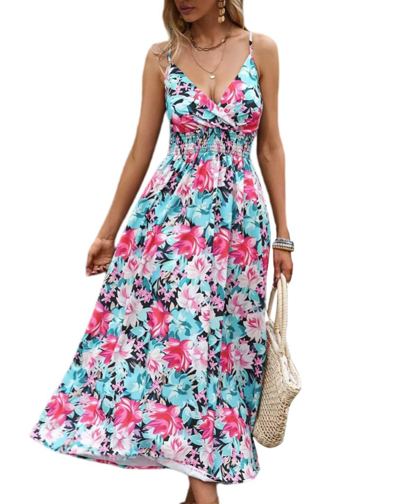 Abito lungo estivo a fiori Savannah da donna – Abito lungo con scollo a V e vita alta