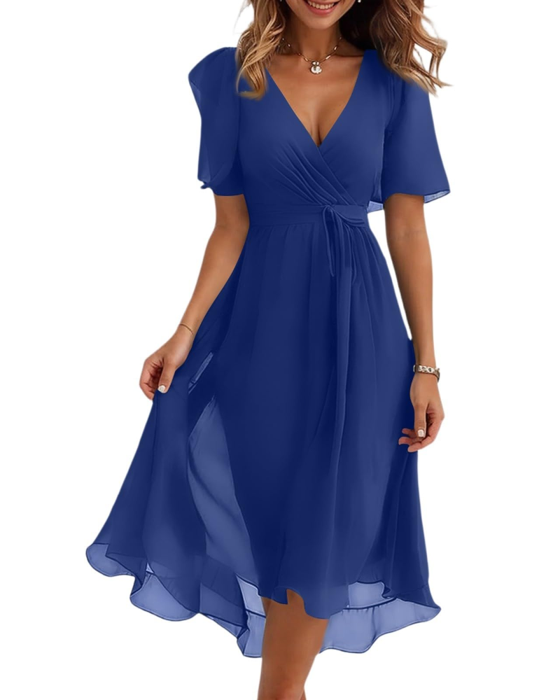 Maëlys Women's Floral Midi Dress – V-Neck Wrap Dress with Adjustable Waist Tie