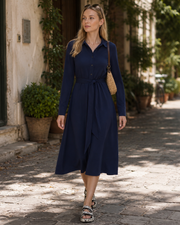 Claire Robe Chemise Midi – Robe Élégante Col Classique Ceinture Femme