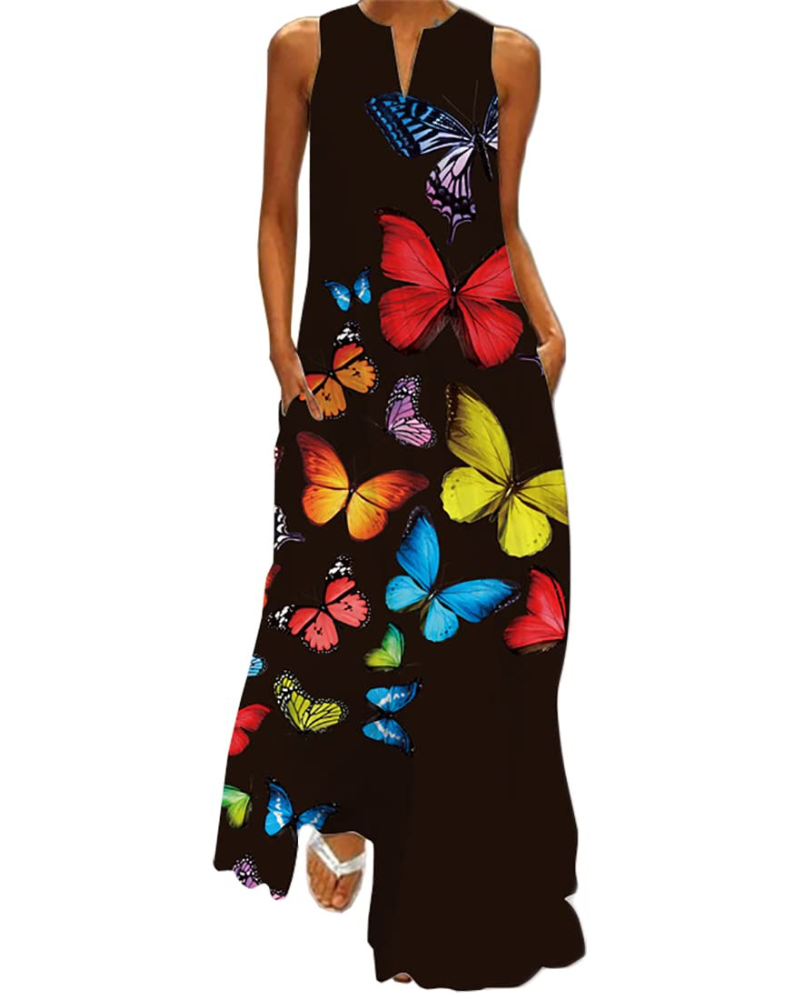 Vestito lungo floreale da donna Genevra – Abito bohemien con scollo a V, stampa farfalle e tasche