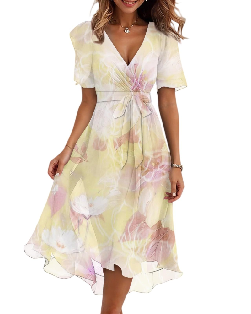 Maëlys Women's Floral Midi Dress – V-Neck Wrap Dress with Adjustable Waist Tie