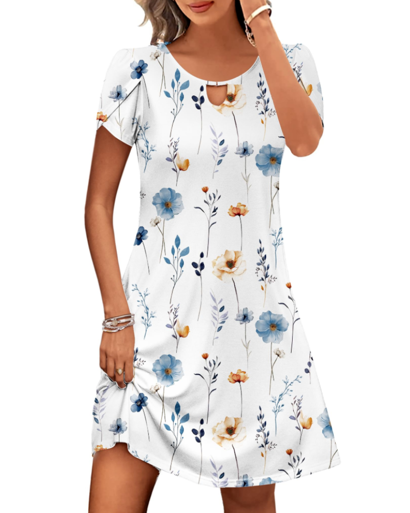 Willow Robe Midi Fleurie Femme – Robe d'Été Coupe Évasée avec Poches & Manches Bouffantes