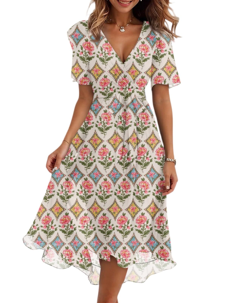 Maëlys Women's Floral Midi Dress – V-Neck Wrap Dress with Adjustable Waist Tie