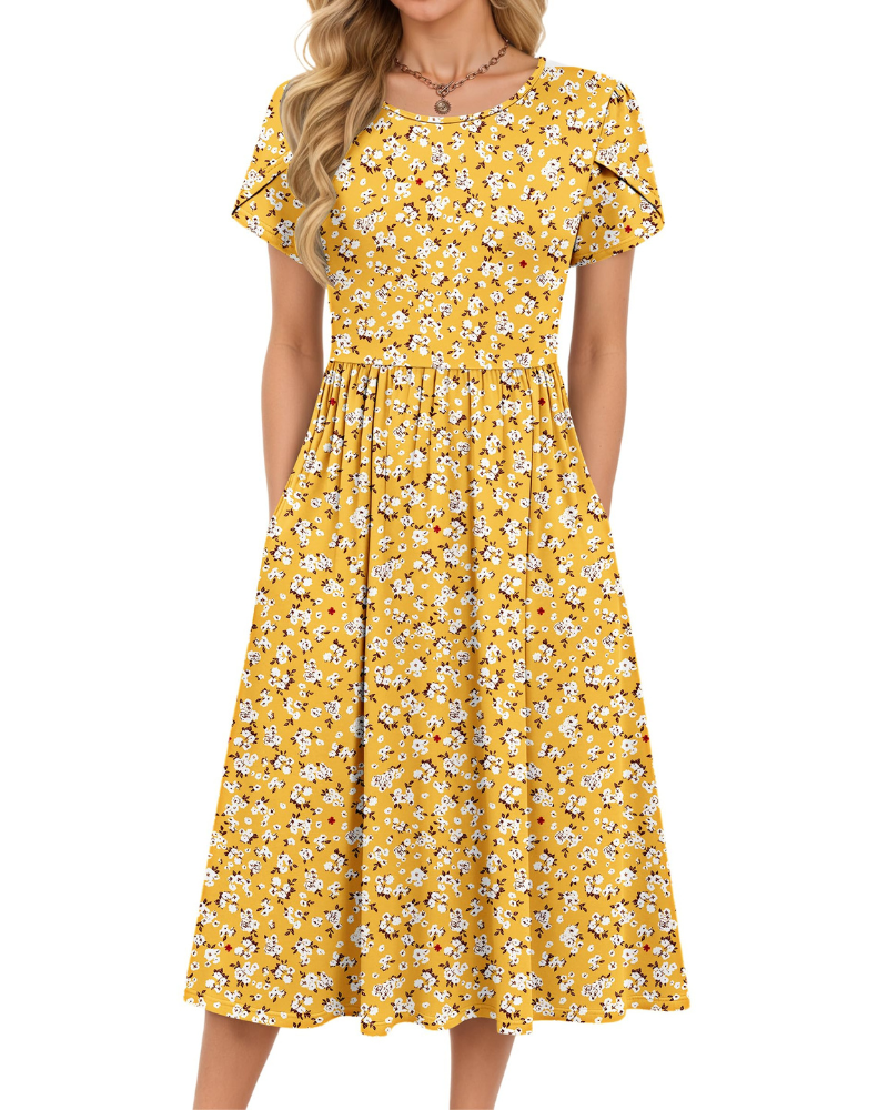 Delilah Robe Midi Femme – Robe d'Été Trapèze à Taille Élastique avec Poches