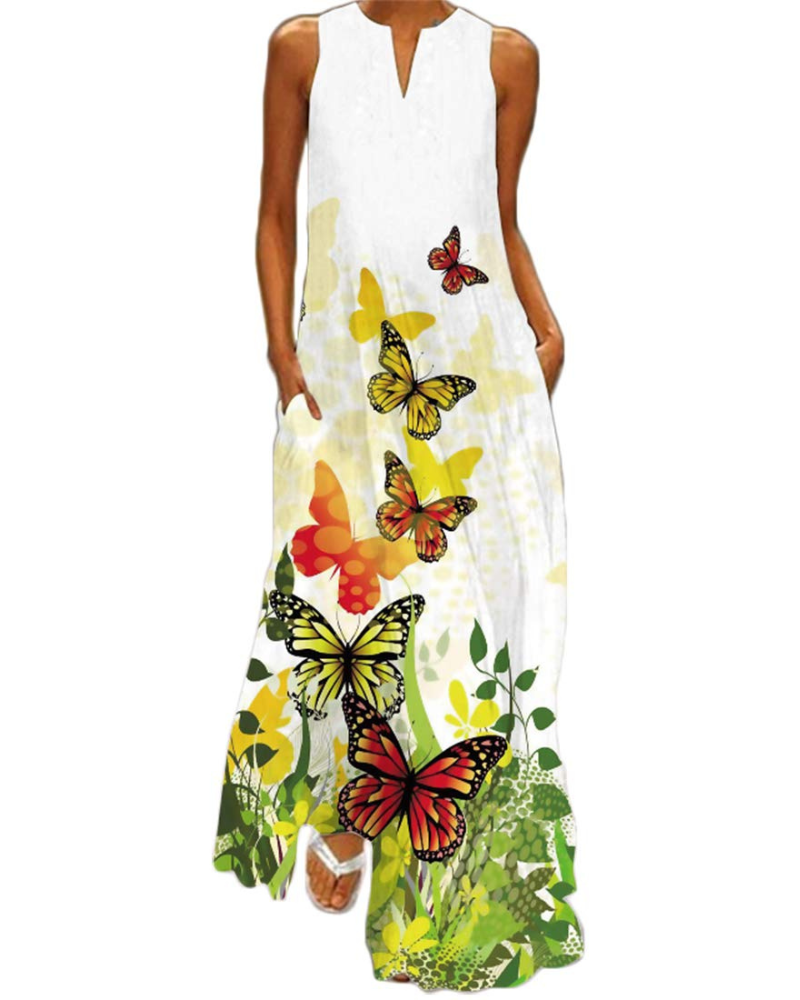 Vestito lungo floreale da donna Genevra – Abito bohemien con scollo a V, stampa farfalle e tasche