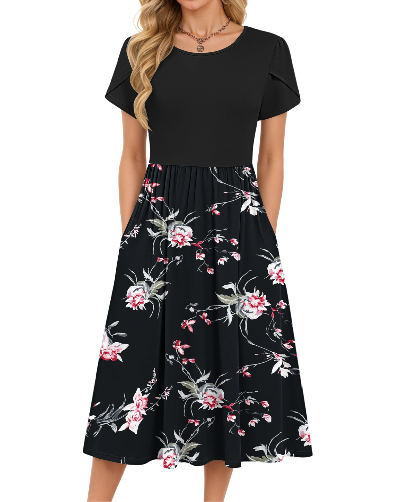 Delilah Robe Midi Femme – Robe d'Été Trapèze à Taille Élastique avec Poches