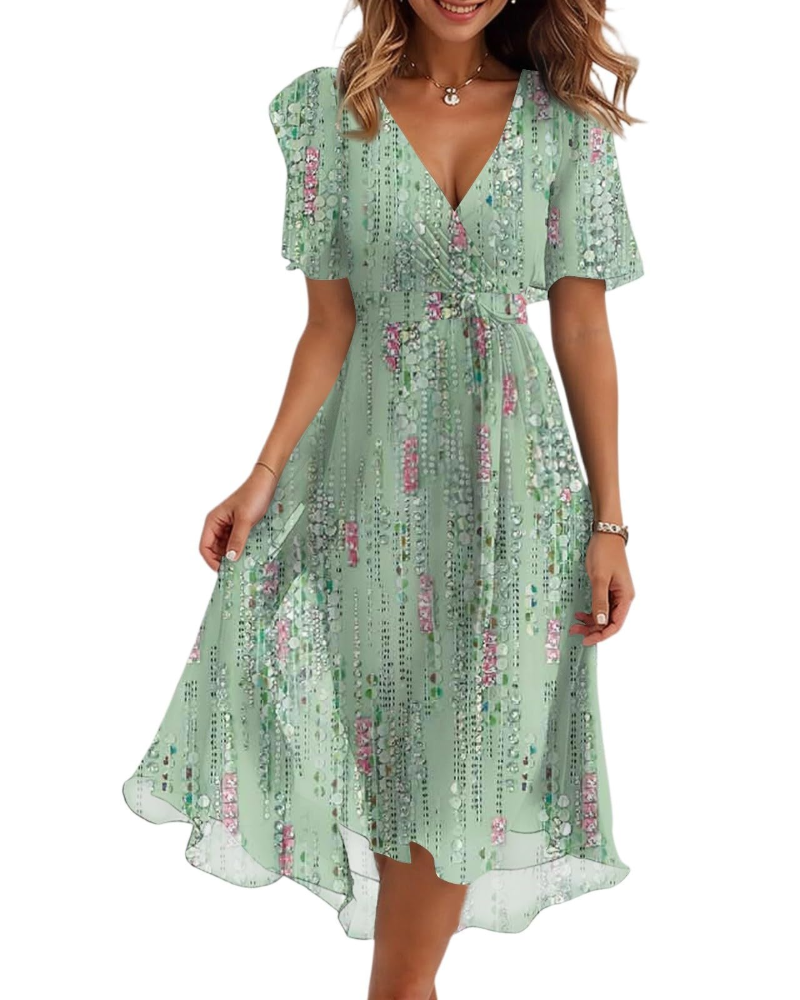 Maëlys Women's Floral Midi Dress – V-Neck Wrap Dress with Adjustable Waist Tie