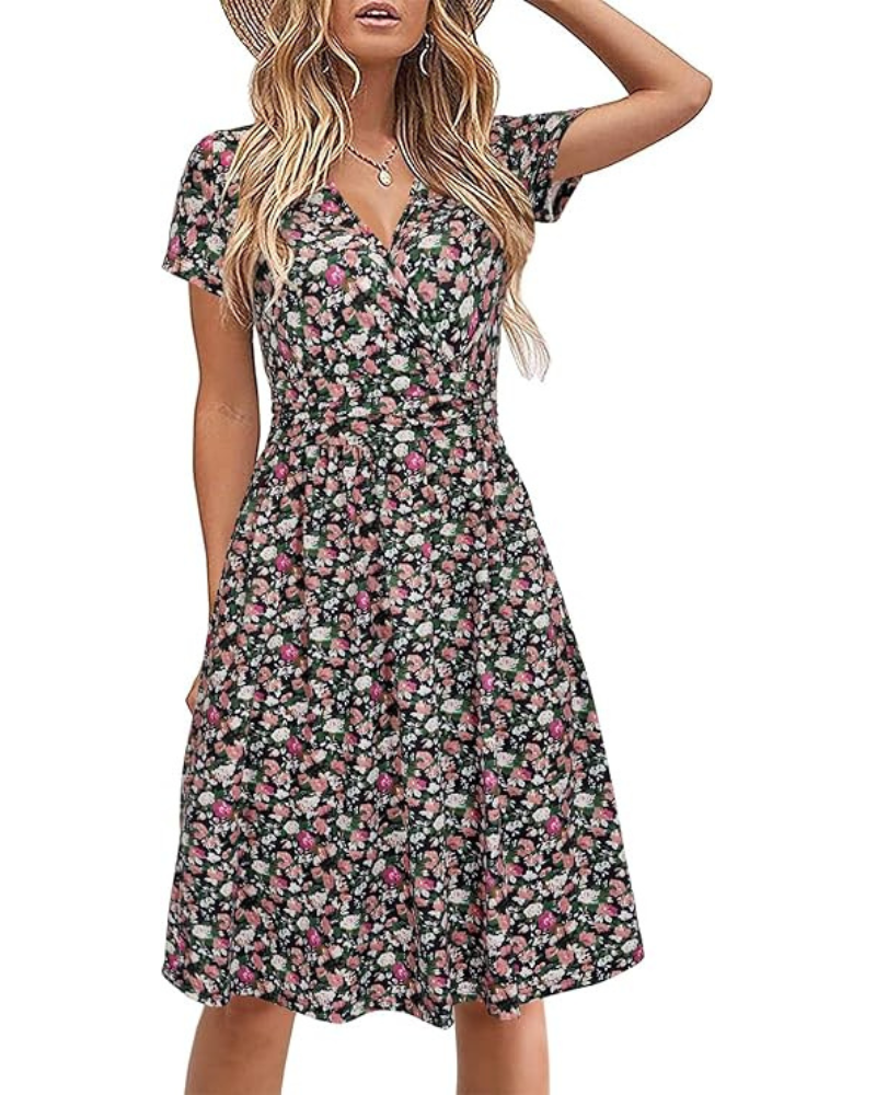 Genesis Robe Femme – Květinový potisk, překřížený výstřih do V a kapsy, elegantní áčkový střih