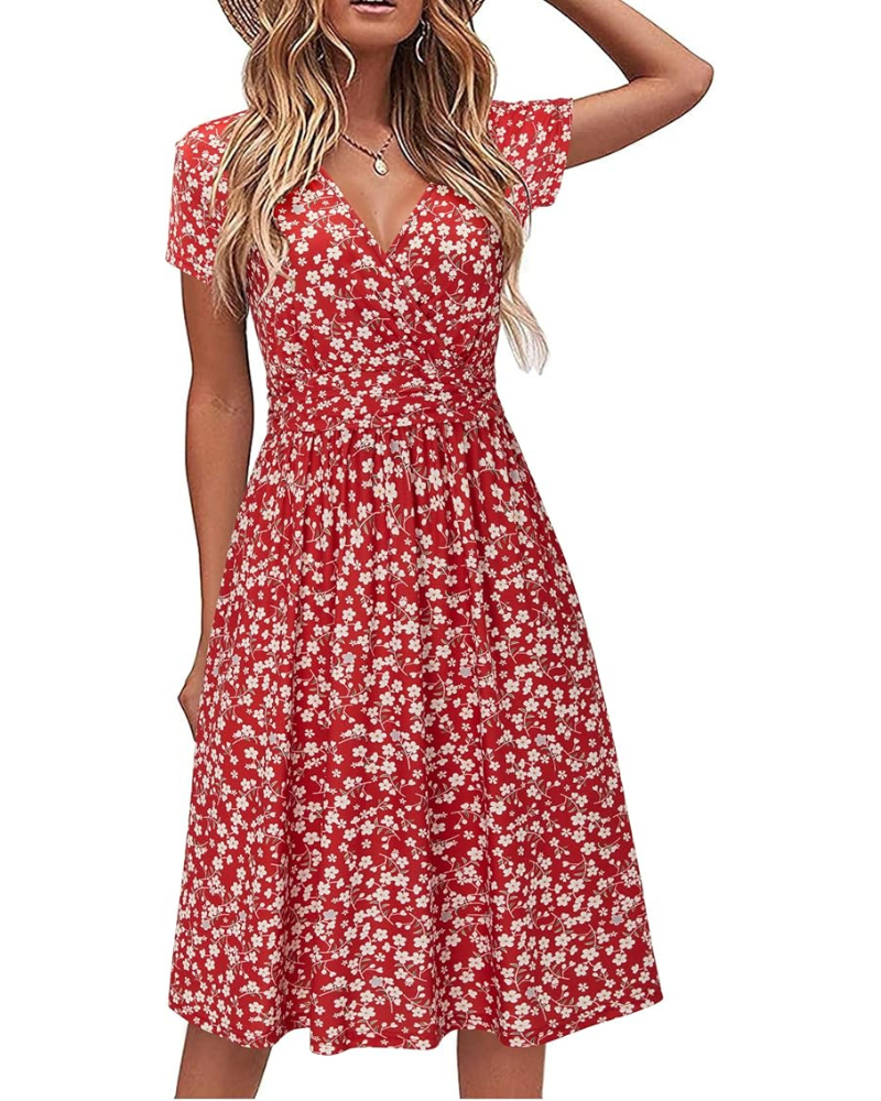 Genesis Robe Femme – Květinový potisk, překřížený výstřih do V a kapsy, elegantní áčkový střih
