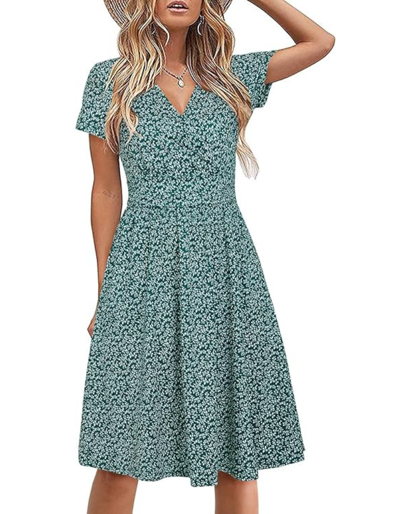 Genesis Robe Femme – Květinový potisk, překřížený výstřih do V a kapsy, elegantní áčkový střih