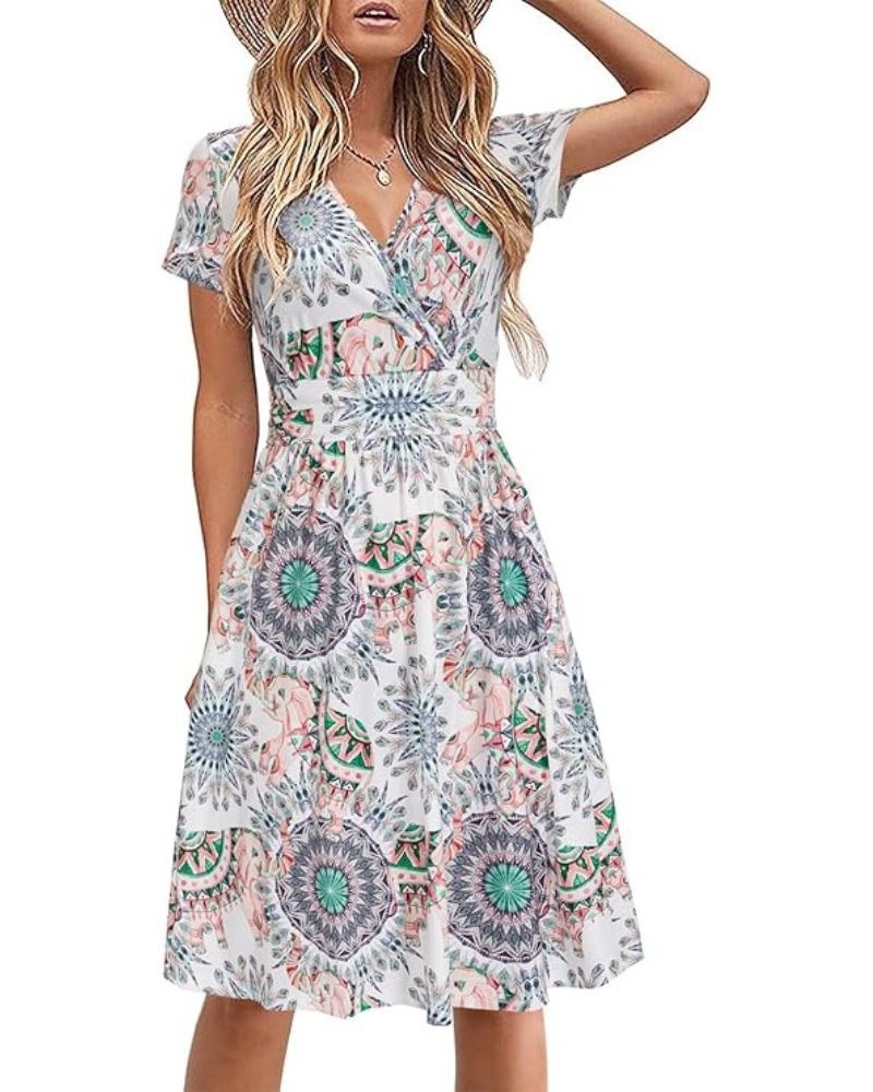 Genesis Robe Femme – Květinový potisk, překřížený výstřih do V a kapsy, elegantní áčkový střih