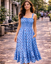 Mildred Robe Maxi Femme – Col Carré Bretelles, Coupe A-Line Smockée & Ourlet Volants Été