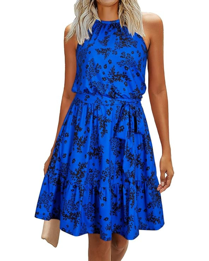 Bloom Women's Robe – Halter Neck, Floral Print & Pockets, A-Line Cut, Knee Length