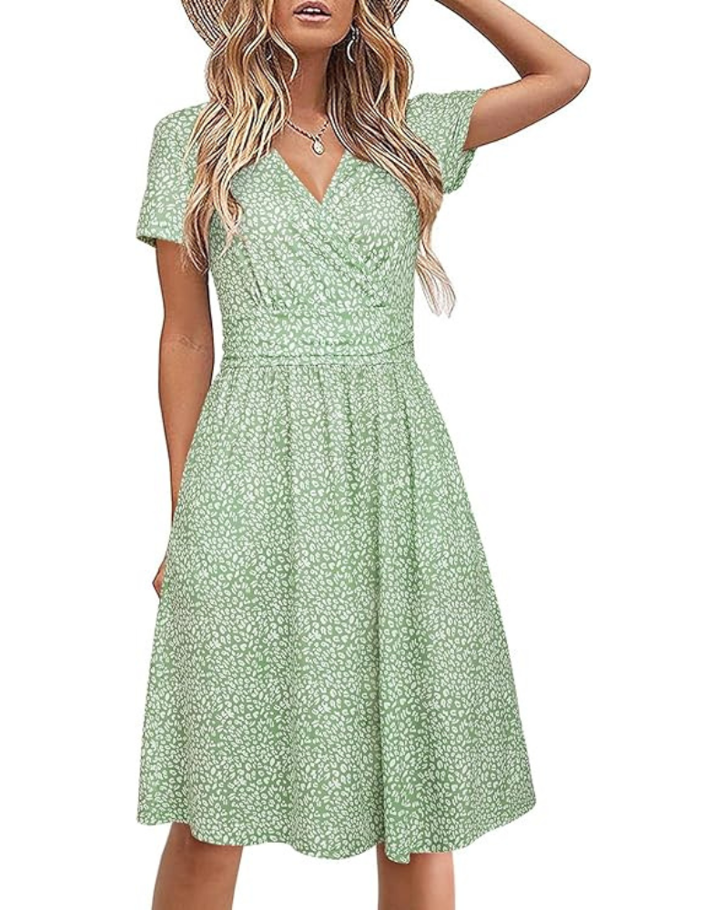 Genesis Robe Femme – Květinový potisk, překřížený výstřih do V a kapsy, elegantní áčkový střih