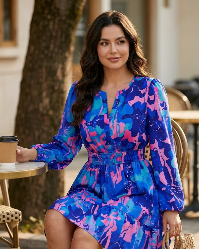 Adela Kurzes Boho-Damenkleid – Blumenkleid mit V-Ausschnitt, Langärmlig und Elastischem Bund