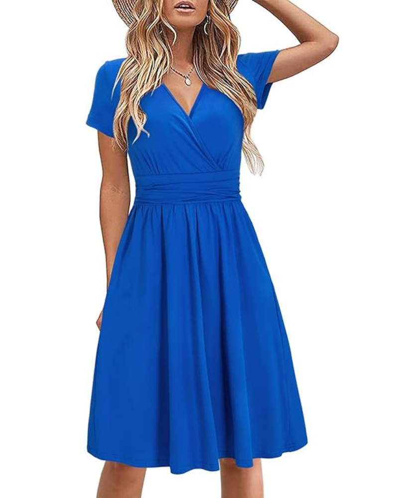 Genesis Robe Femme – Květinový potisk, překřížený výstřih do V a kapsy, elegantní áčkový střih