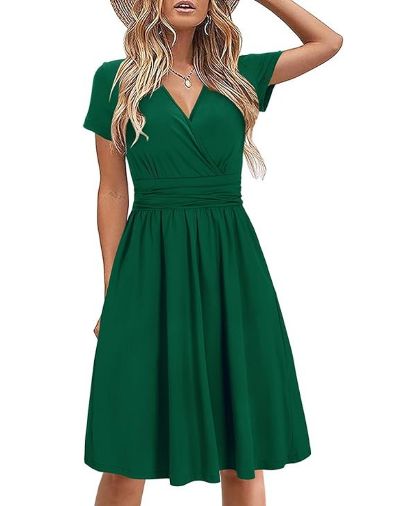 Genesis Robe Femme – Květinový potisk, překřížený výstřih do V a kapsy, elegantní áčkový střih