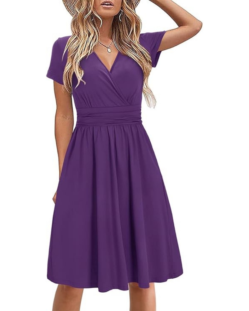 Genesis Robe Femme – Květinový potisk, překřížený výstřih do V a kapsy, elegantní áčkový střih