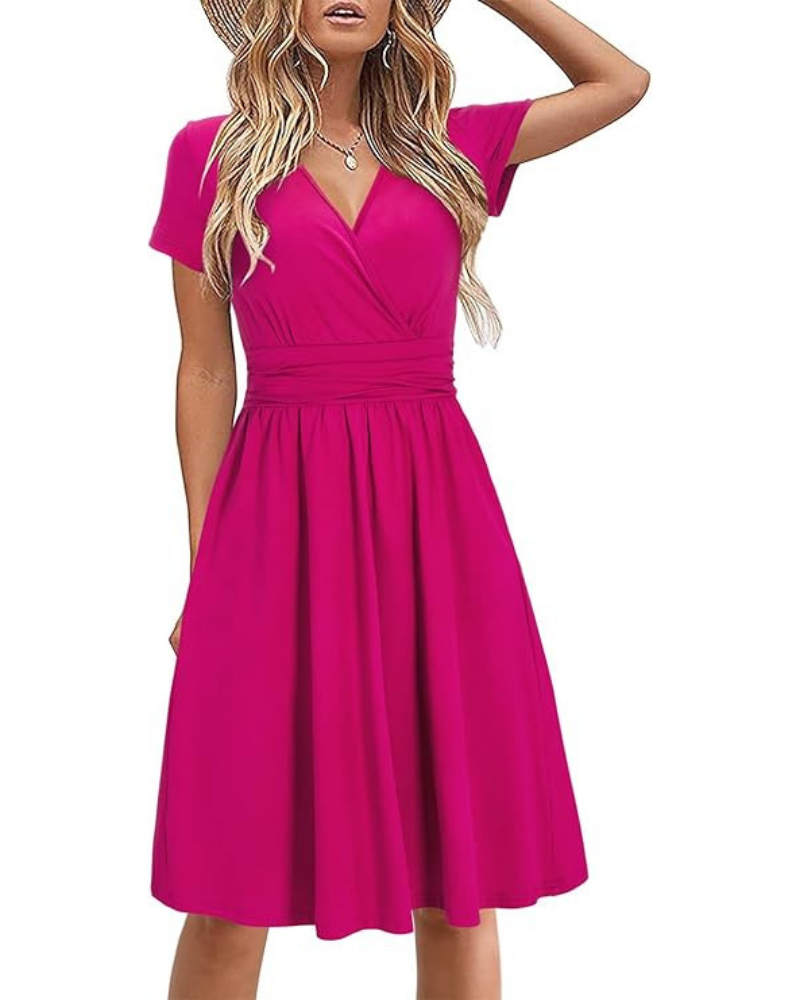 Genesis Robe Femme – Květinový potisk, překřížený výstřih do V a kapsy, elegantní áčkový střih