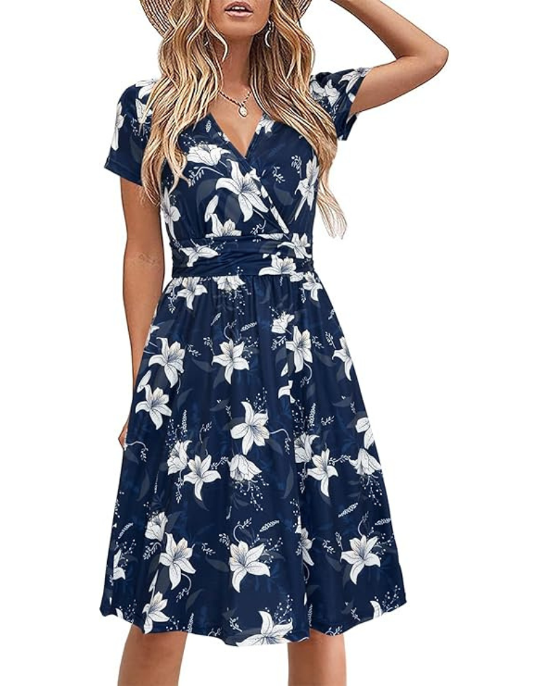 Genesis Robe Femme – Květinový potisk, překřížený výstřih do V a kapsy, elegantní áčkový střih