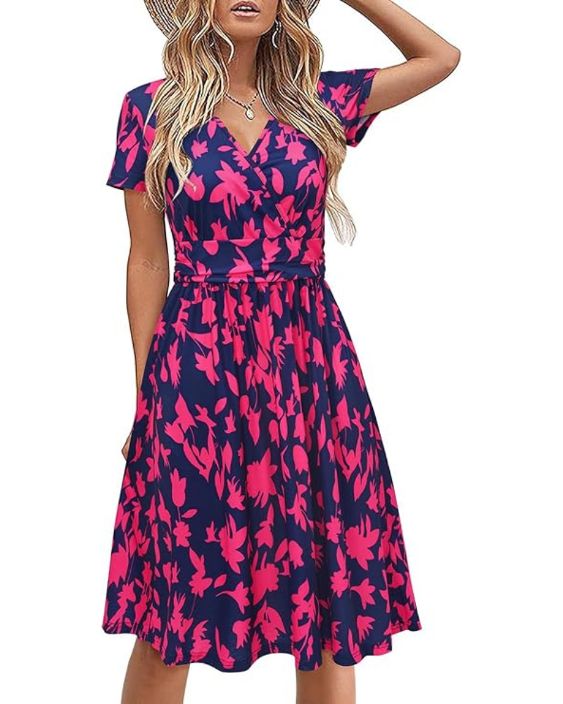 Genesis Robe Femme – Květinový potisk, překřížený výstřih do V a kapsy, elegantní áčkový střih