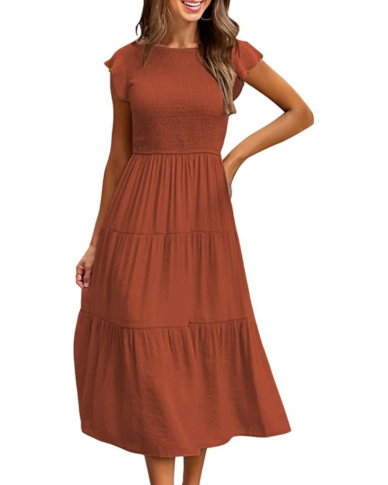 Vestido Feminino Lior – Gola Redonda, Mangas com Folhos e Cintura Elástica, Corte A, Comprimento Midi