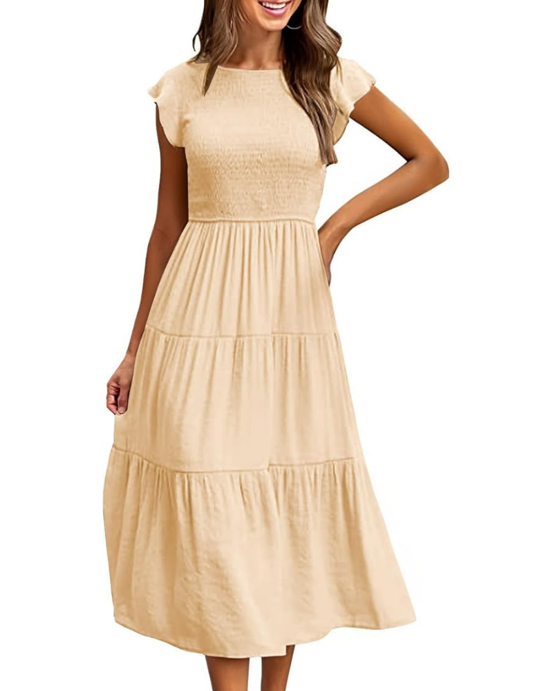 Vestido Feminino Lior – Gola Redonda, Mangas com Folhos e Cintura Elástica, Corte A, Comprimento Midi