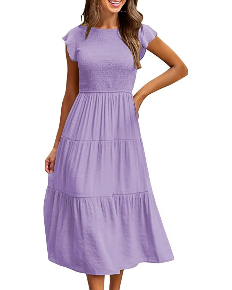 Vestido Feminino Lior – Gola Redonda, Mangas com Folhos e Cintura Elástica, Corte A, Comprimento Midi