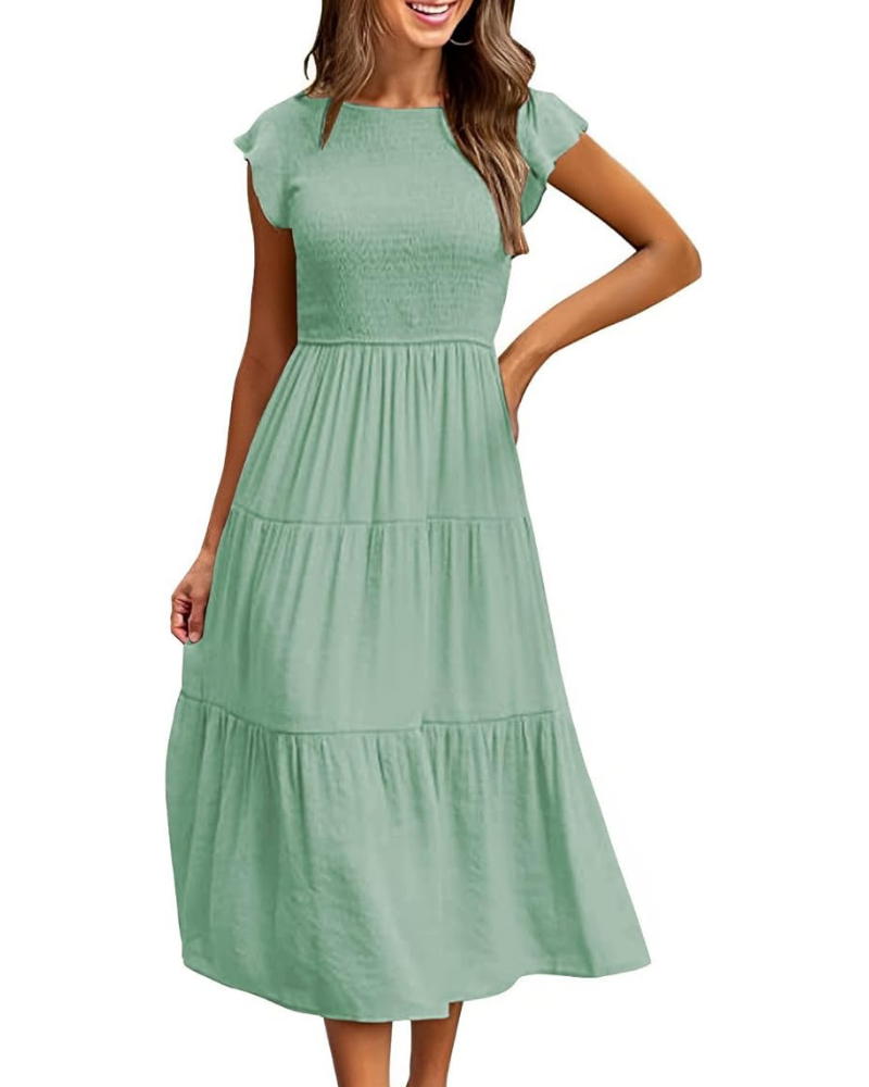 Vestido Feminino Lior – Gola Redonda, Mangas com Folhos e Cintura Elástica, Corte A, Comprimento Midi