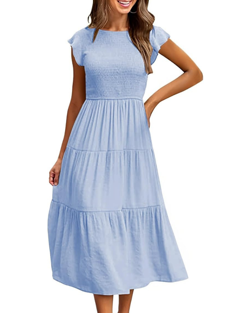 Vestido Feminino Lior – Gola Redonda, Mangas com Folhos e Cintura Elástica, Corte A, Comprimento Midi