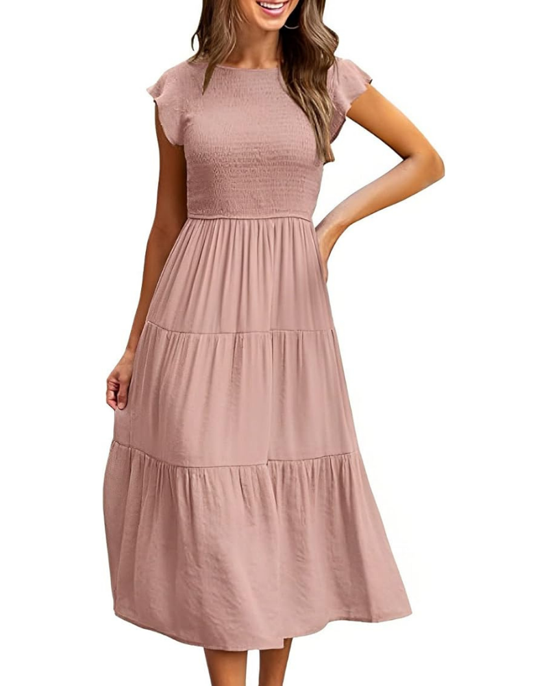Vestido Feminino Lior – Gola Redonda, Mangas com Folhos e Cintura Elástica, Corte A, Comprimento Midi