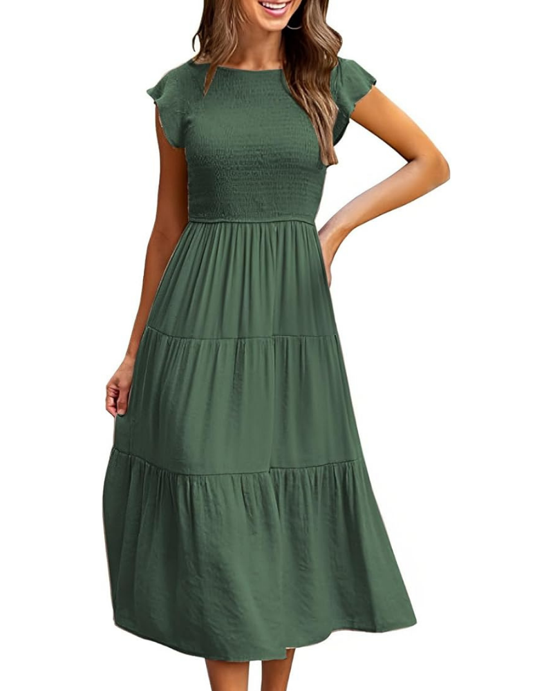 Vestido Feminino Lior – Gola Redonda, Mangas com Folhos e Cintura Elástica, Corte A, Comprimento Midi
